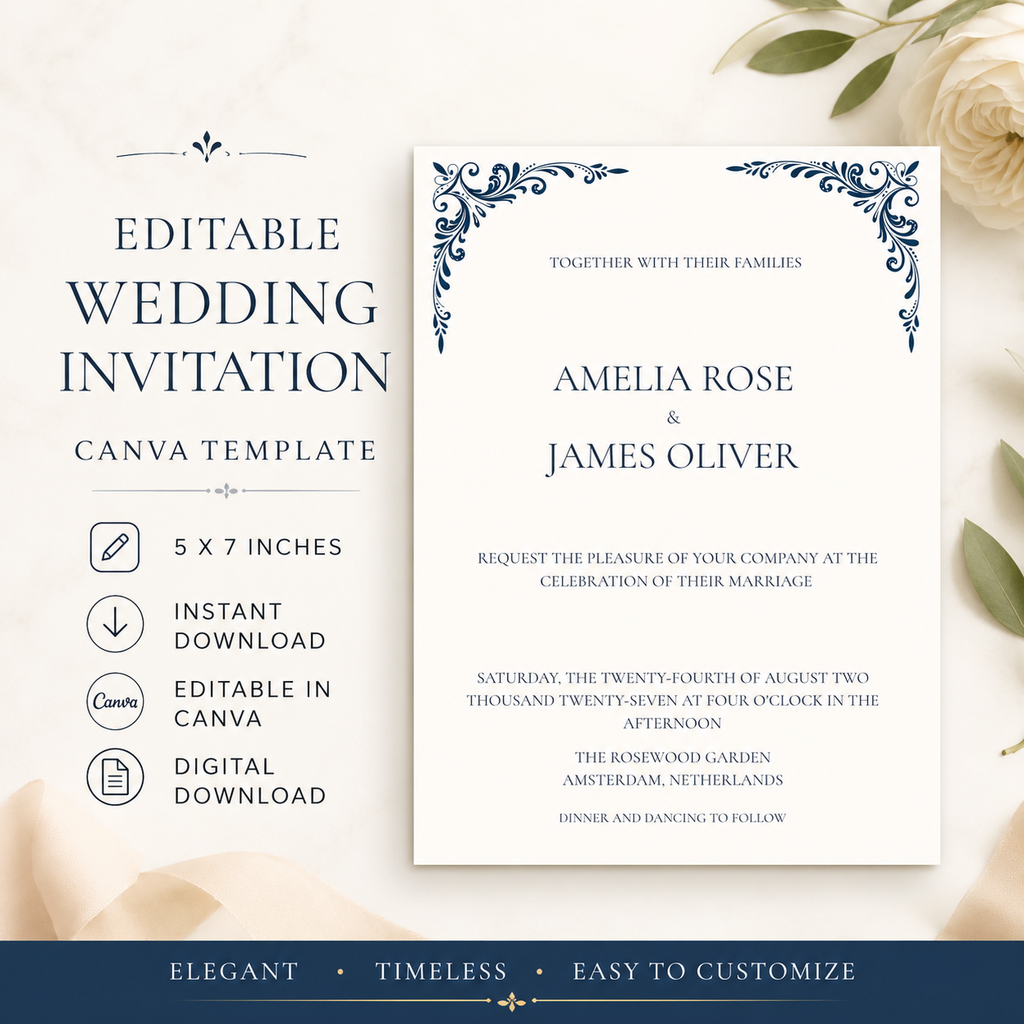 Editable Wedding Invitation Template | Canva Digital Download | Printable Wedding Invite