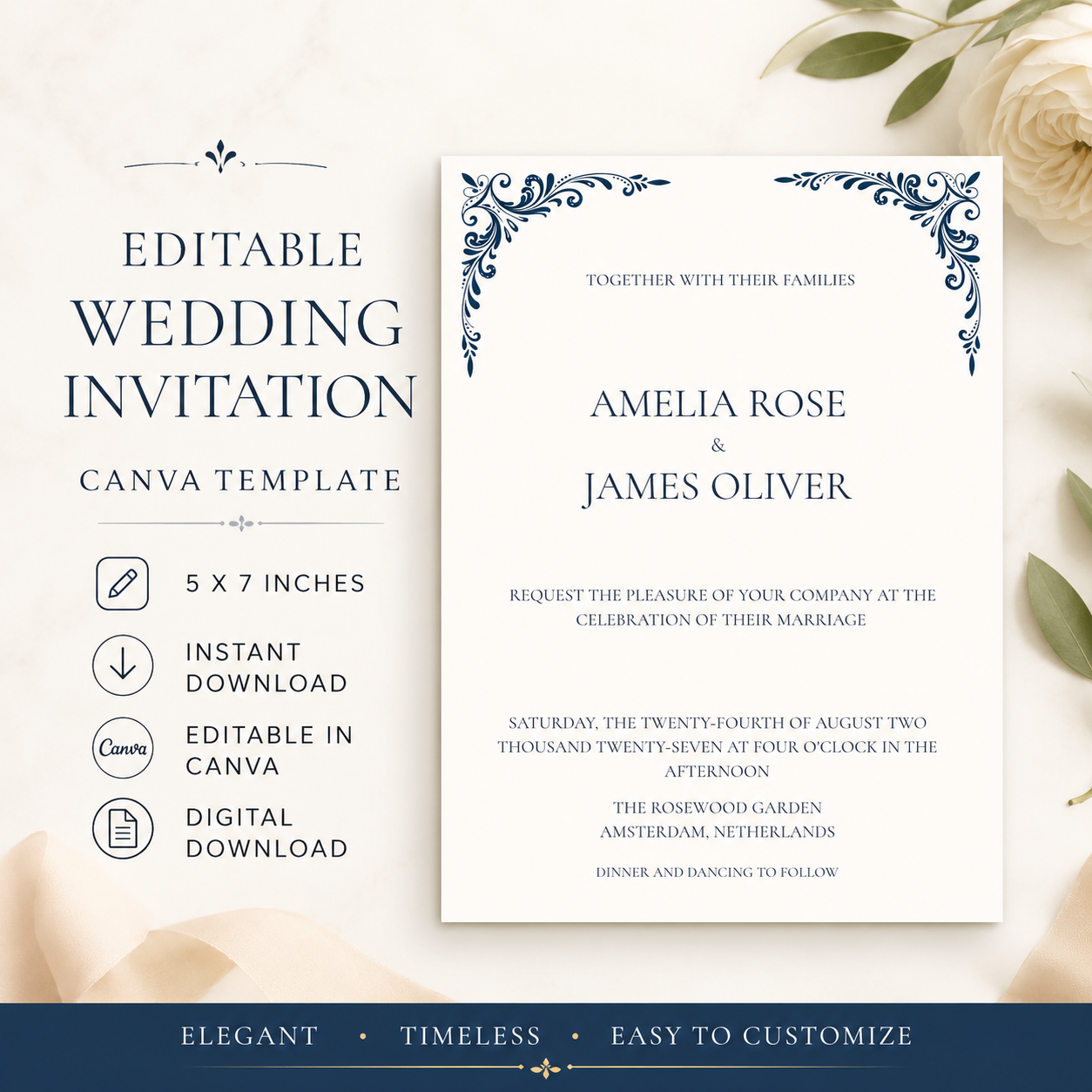 Editable Wedding Invitation Template | Canva Digital Download | Printable Wedding Invite