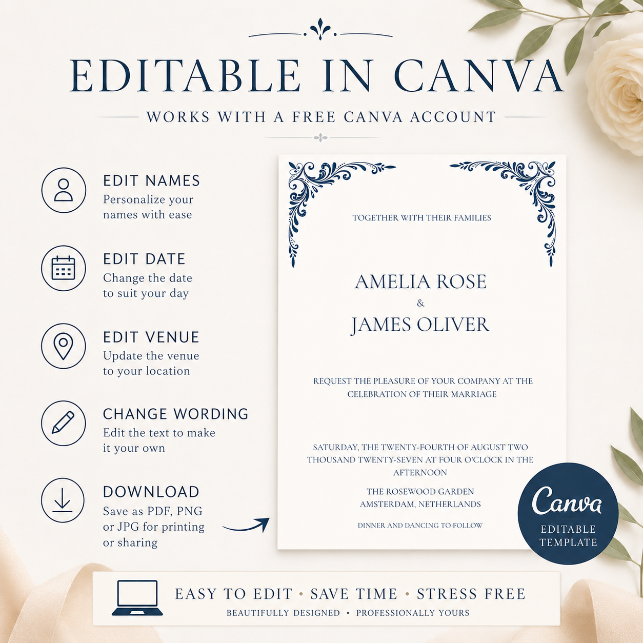 Editable Wedding Invitation Template | Canva Digital Download | Printable Wedding Invite