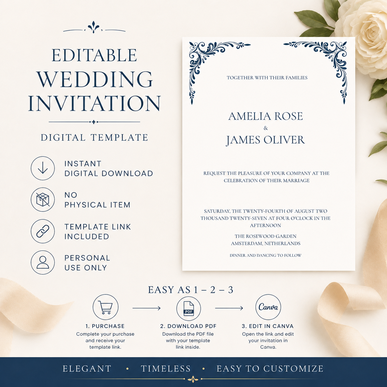 Editable Wedding Invitation Template | Canva Digital Download | Printable Wedding Invite