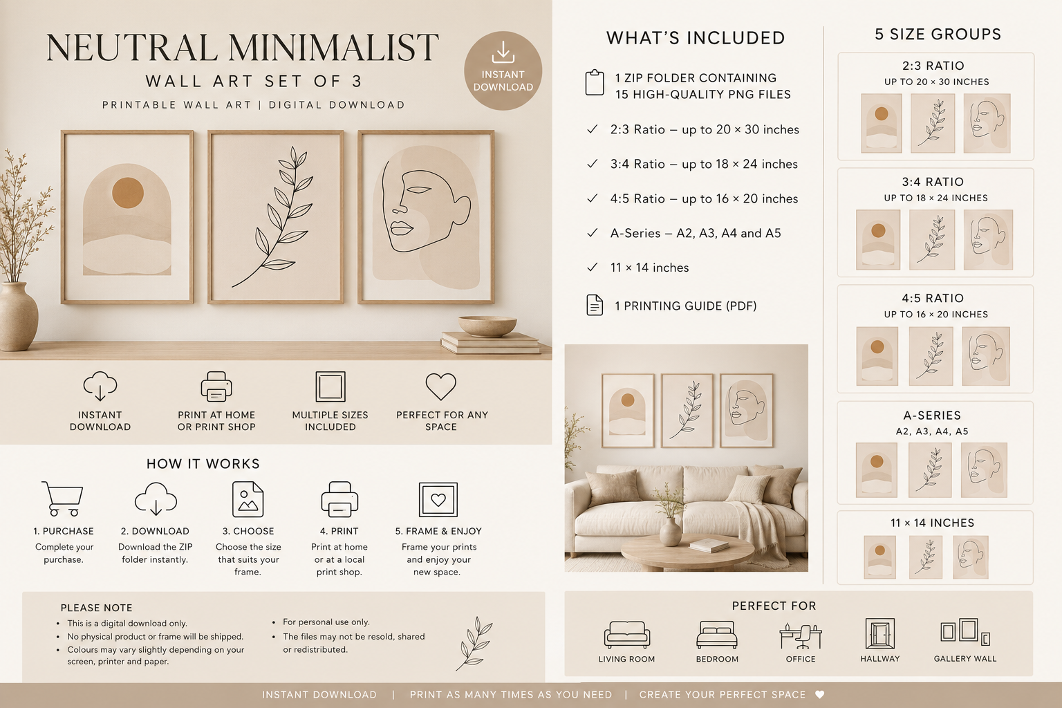 Neutral Minimalist Wall Art Set of 3 – Printable Beige Home Décor