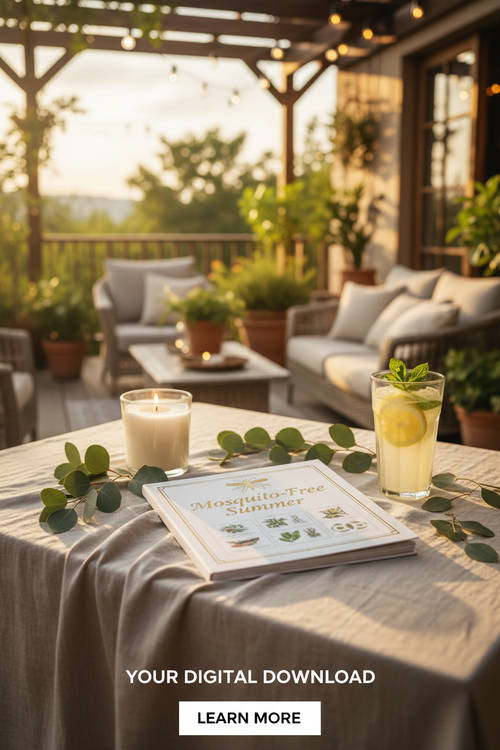 Mosquito-free summer guide on a golden hour outdoor terrace with eucalyptus and lemonade