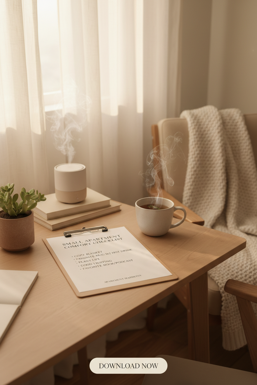 Cozy apartment comfort checklist on a warm morning desk with tea and soft light